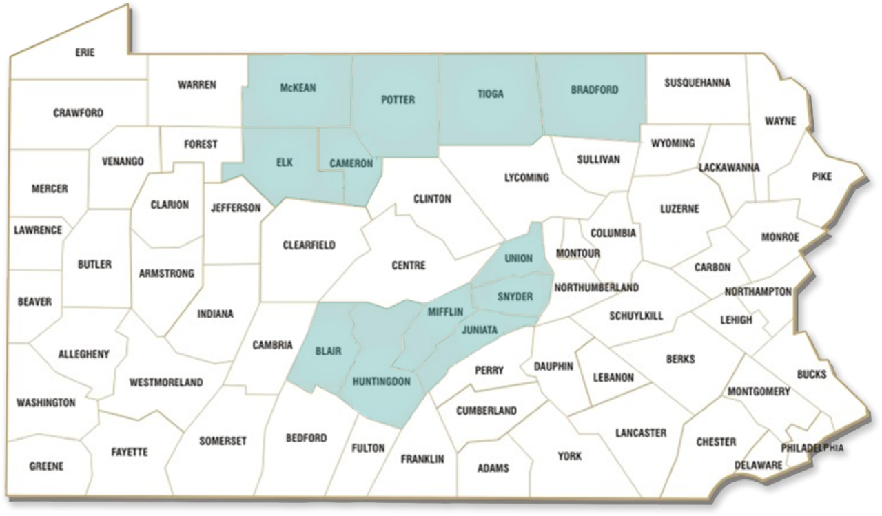 PA Map with SNAP-Ed program counties highlighted in blue.