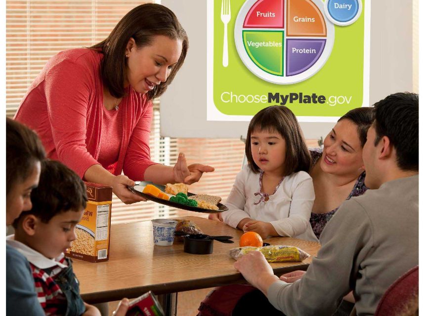 Cover of the USDA's "MyPlate for My Family Educator Handbook" featuring a family at a meal and the MyPlate graphic.